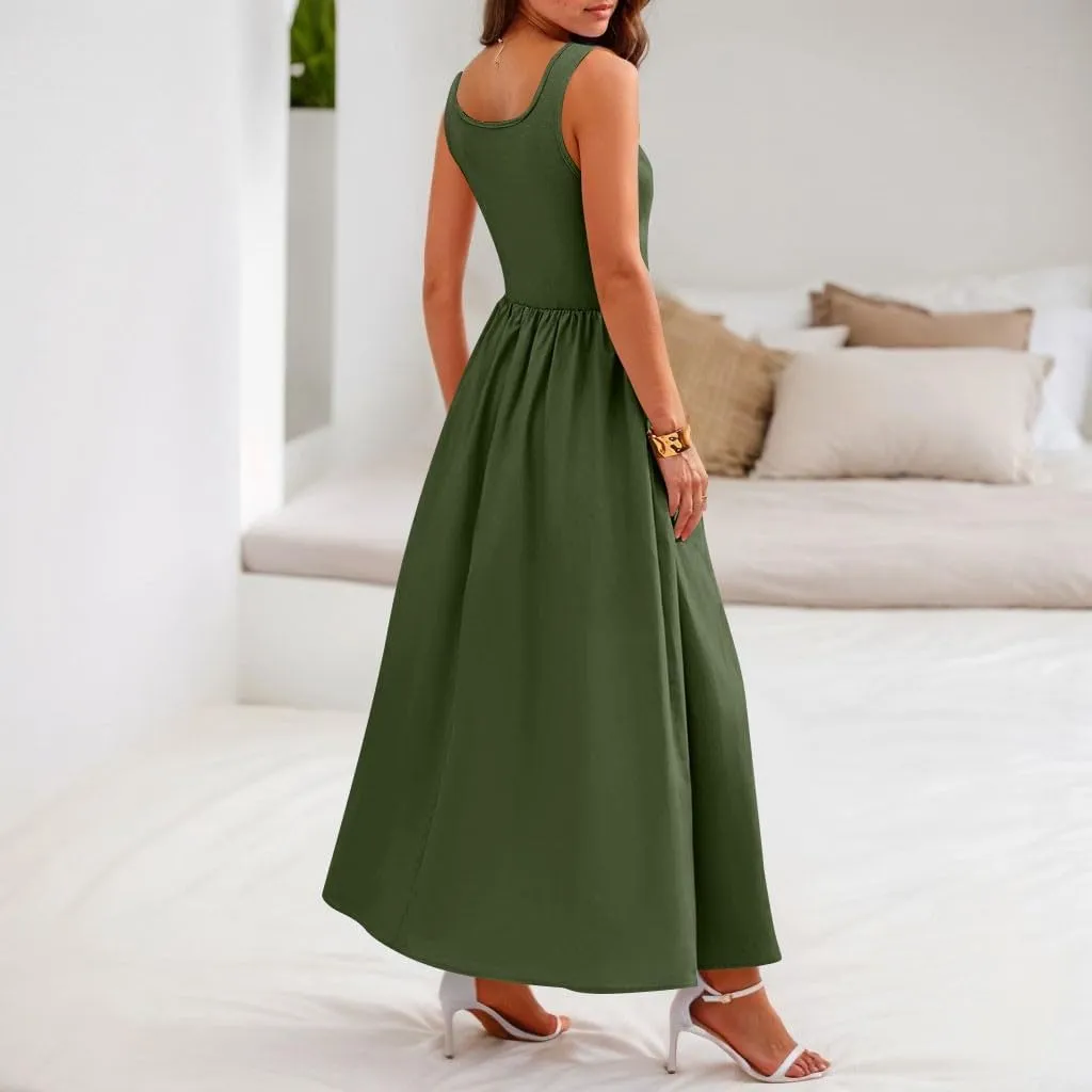 Women's Summer Sundress Pleated Dresses Tank Dress Sleeveless Fashion High Waisted Dresses Smocked Dress with Pockets