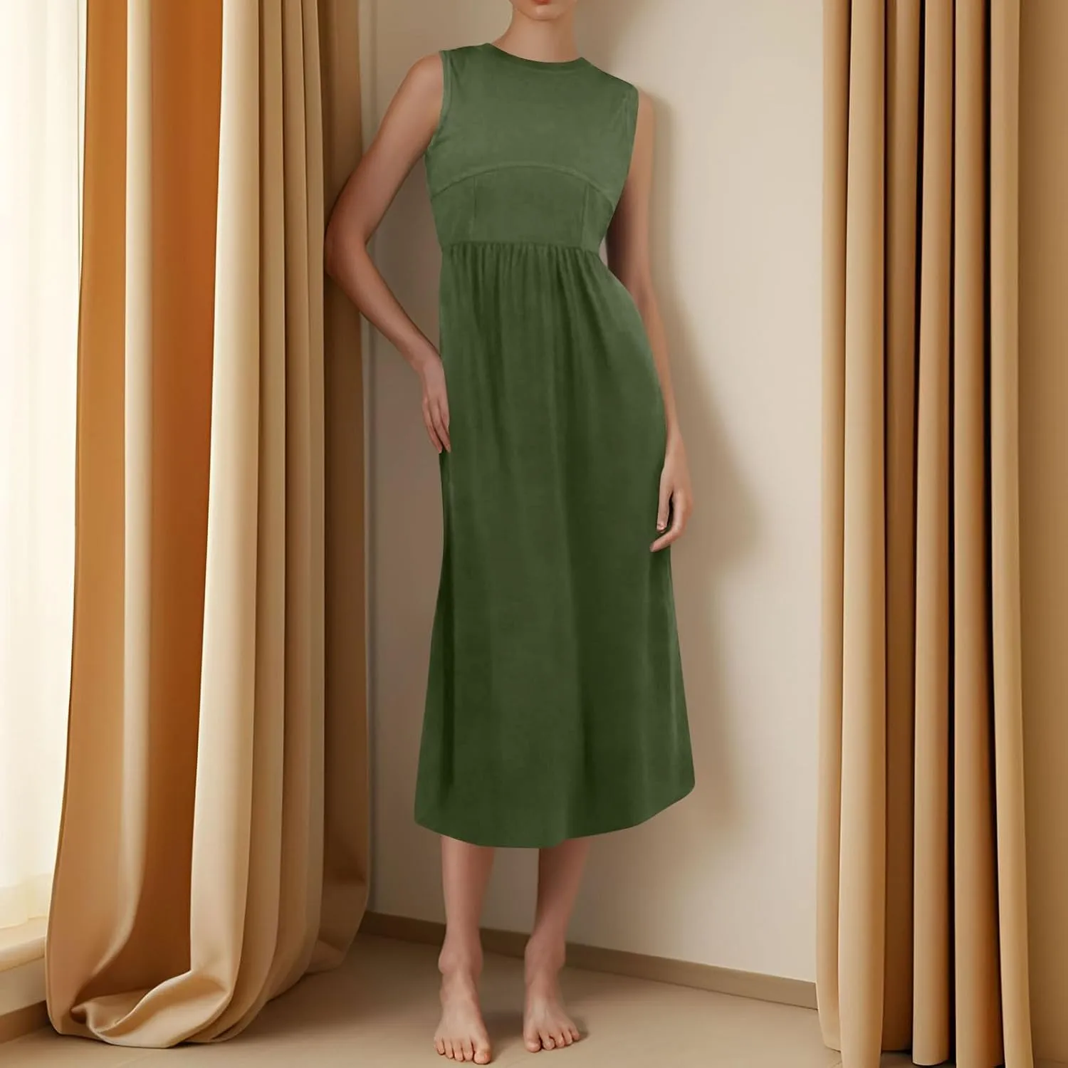 Women's Summer Sundress Pleated Dresses Tank Dress Sleeveless Fashion High Waisted Dresses Smocked Dress with Pockets
