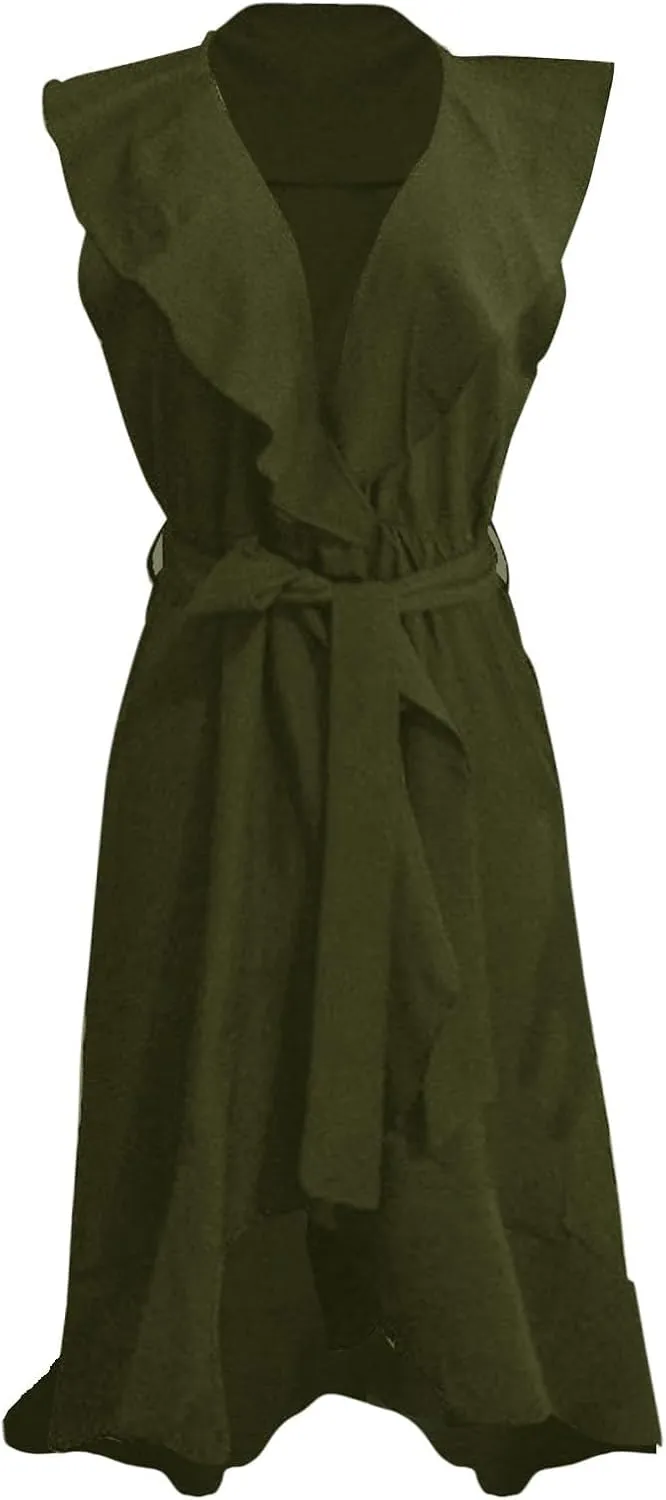 Women's Summer Wrap V Neck Split Party Dress Ruffle Short Sleeve Midi Dresses with Belt Boho Beach Long Dresses