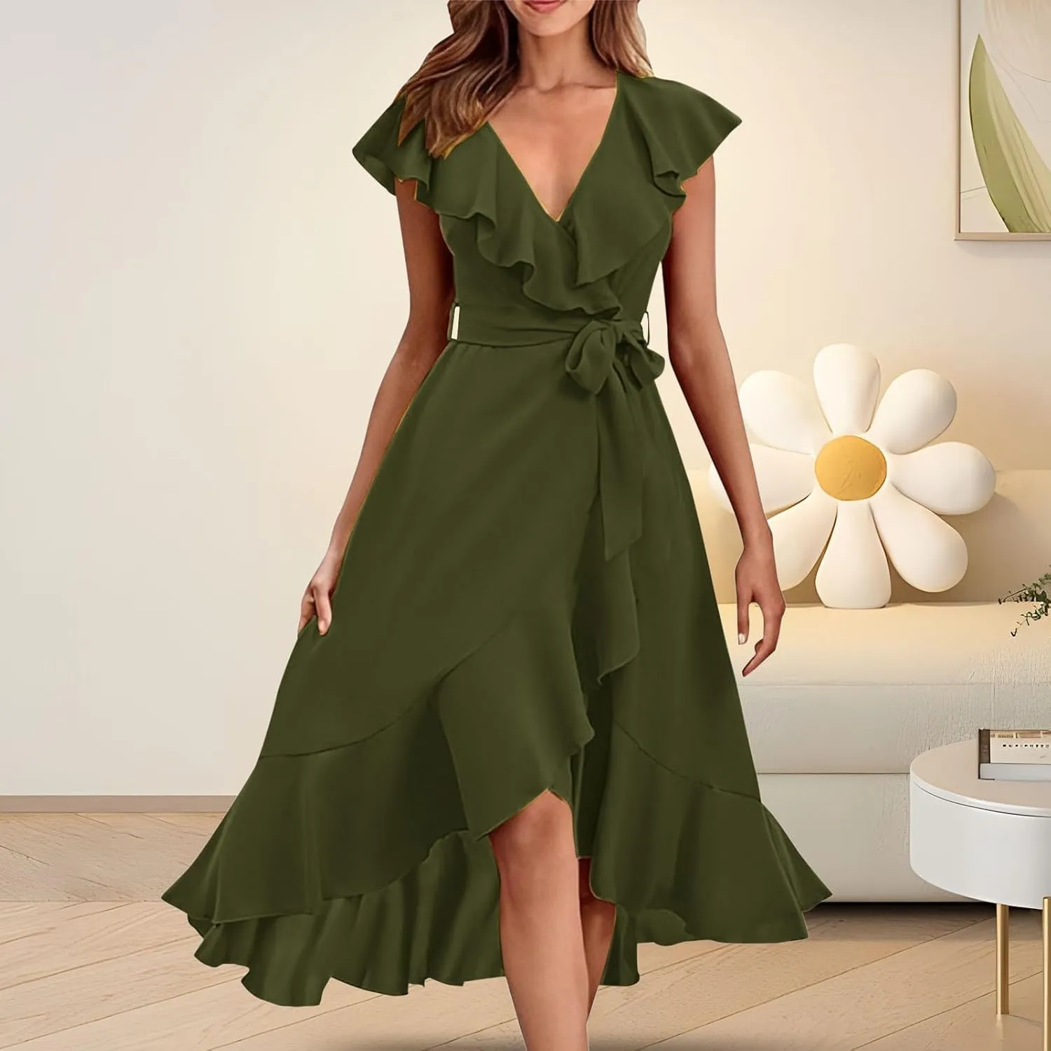 Women's Summer Wrap V Neck Split Party Dress Ruffle Short Sleeve Midi Dresses with Belt Boho Beach Long Dresses