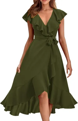 Women's Summer Wrap V Neck Split Party Dress Ruffle Short Sleeve Midi Dresses with Belt Boho Beach Long Dresses