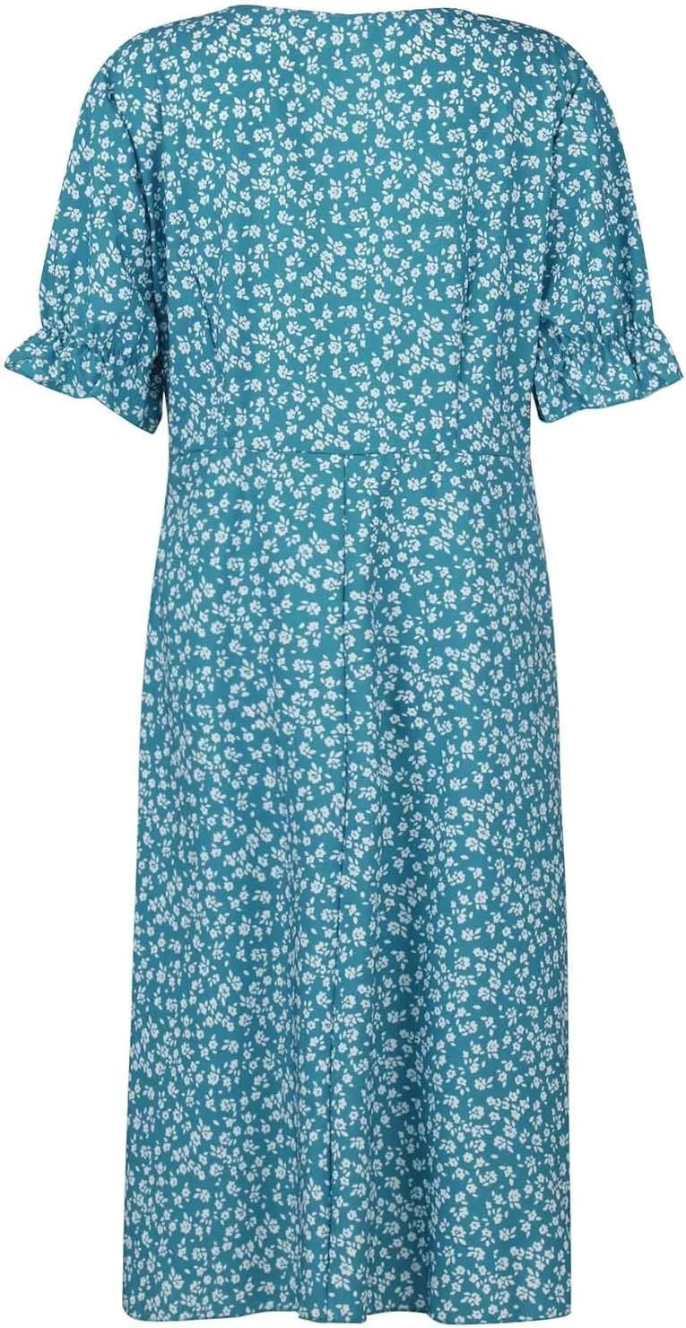 Womens Sundress Summer Floral Short Sleeve Wrap V Neck A-Line Midi Dress 2025 Elegant Flowy Beach Swing Dresses