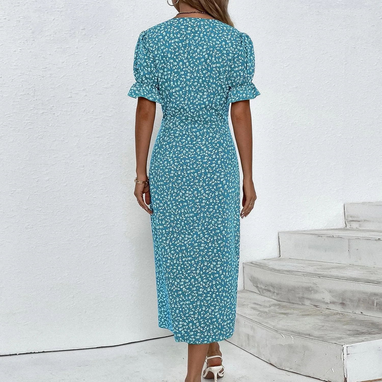 Womens Sundress Summer Floral Short Sleeve Wrap V Neck A-Line Midi Dress 2025 Elegant Flowy Beach Swing Dresses