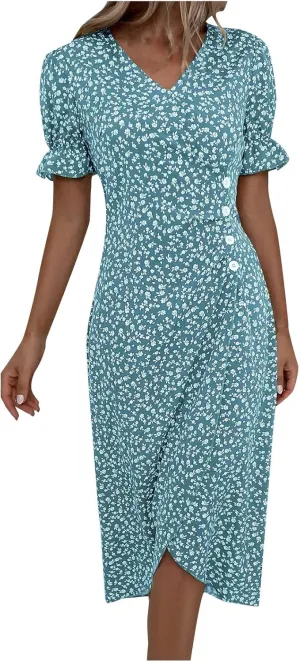 Womens Sundress Summer Floral Short Sleeve Wrap V Neck A-Line Midi Dress 2025 Elegant Flowy Beach Swing Dresses
