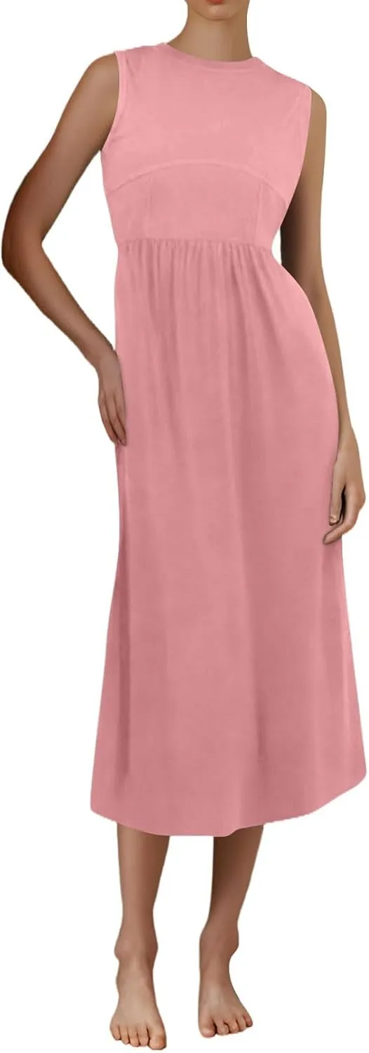 Womens Sundress Tank Dress Summer Dress Elegant Empire Waist Wrap Dresses Sleeveless Dressy A Line Dresses with Pocket
