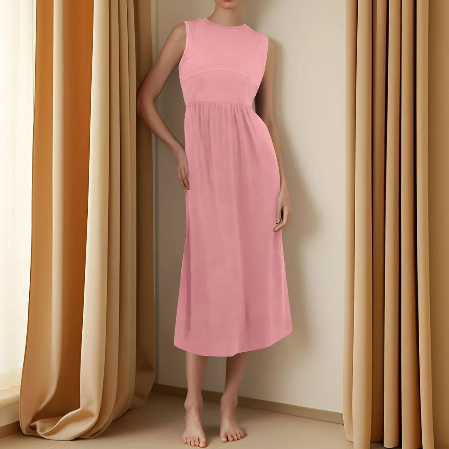 Womens Sundress Tank Dress Summer Dress Elegant Empire Waist Wrap Dresses Sleeveless Dressy A Line Dresses with Pocket