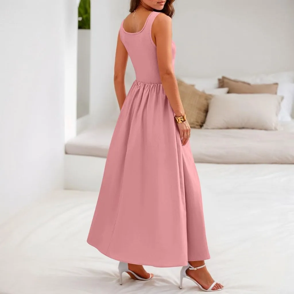 Womens Sundress Tank Dress Summer Dress Elegant Empire Waist Wrap Dresses Sleeveless Dressy A Line Dresses with Pocket