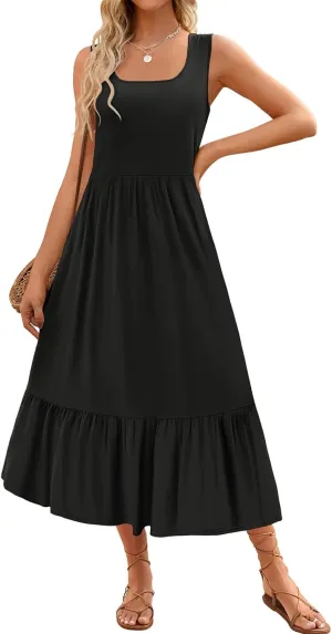 Women's Tank Dress Sleeveless Square Neck Tunic Dress Ruffle Tiered Maxi Dresses Summer Beach Vacation Sundress 2025