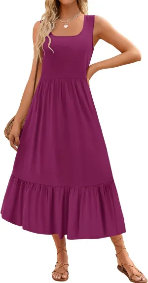Women's Tank Dress Sleeveless Square Neck Tunic Dress Ruffle Tiered Maxi Dresses Summer Beach Vacation Sundress 2025