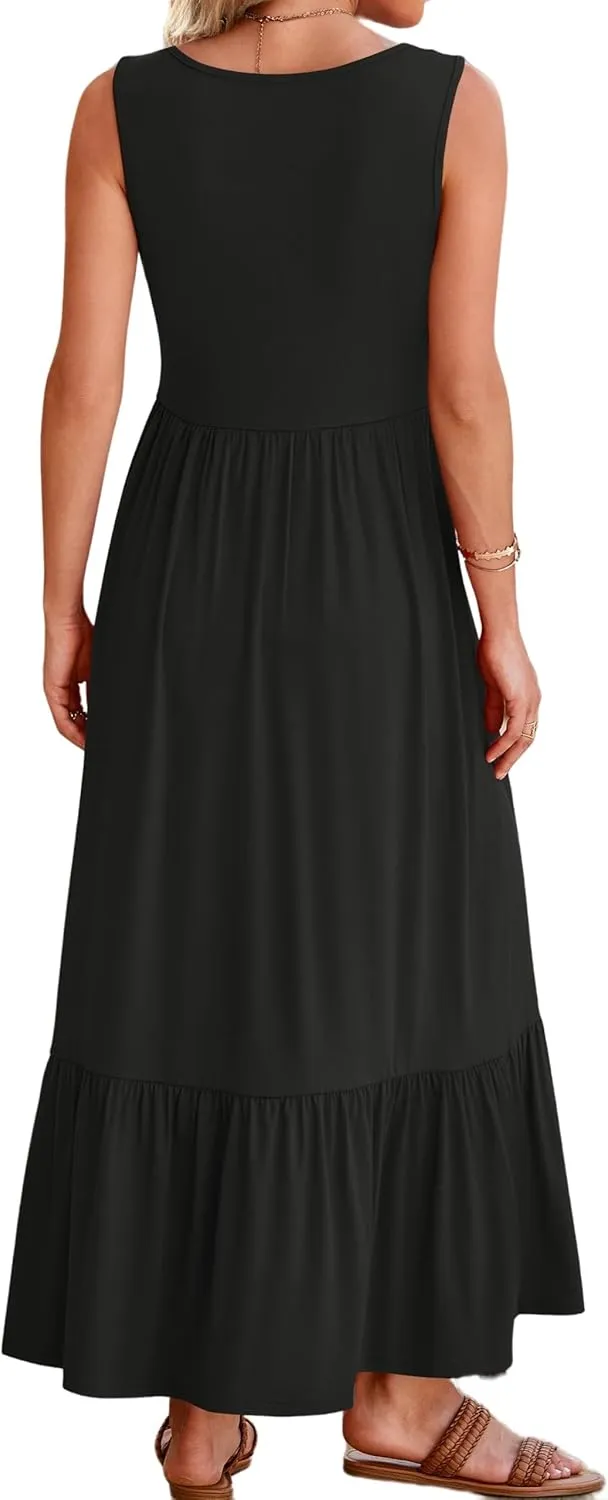Women's Tank Dress Sleeveless Square Neck Tunic Dress Ruffle Tiered Maxi Dresses Summer Beach Vacation Sundress 2025