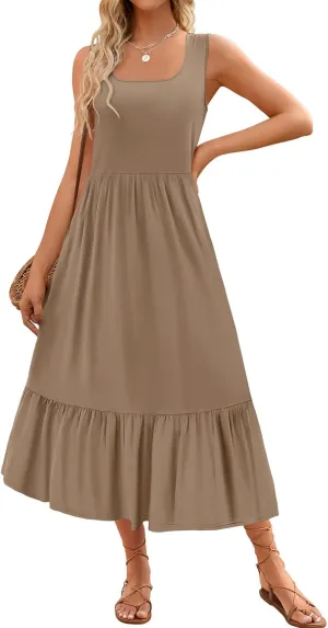 Women's Tank Dress Sleeveless Square Neck Tunic Dress Ruffle Tiered Maxi Dresses Summer Beach Vacation Sundress 2025