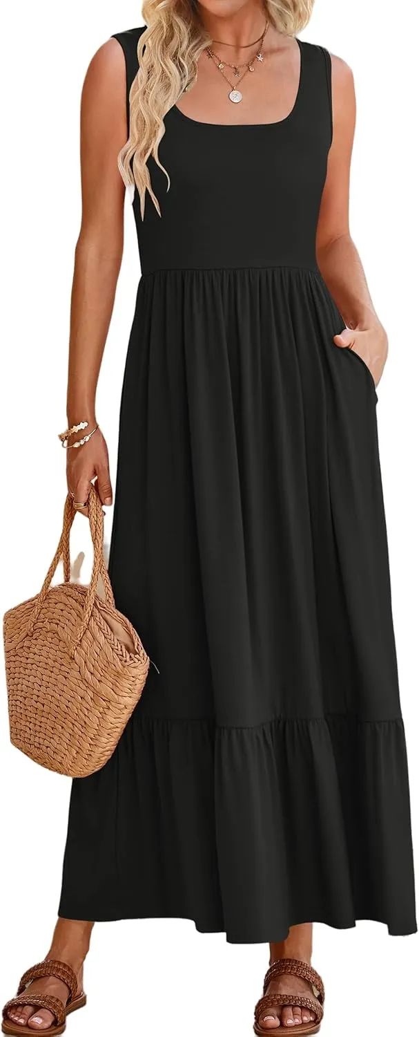 Women's Tank Dress Sleeveless Square Neck Tunic Dress Ruffle Tiered Maxi Dresses Summer Beach Vacation Sundress 2025