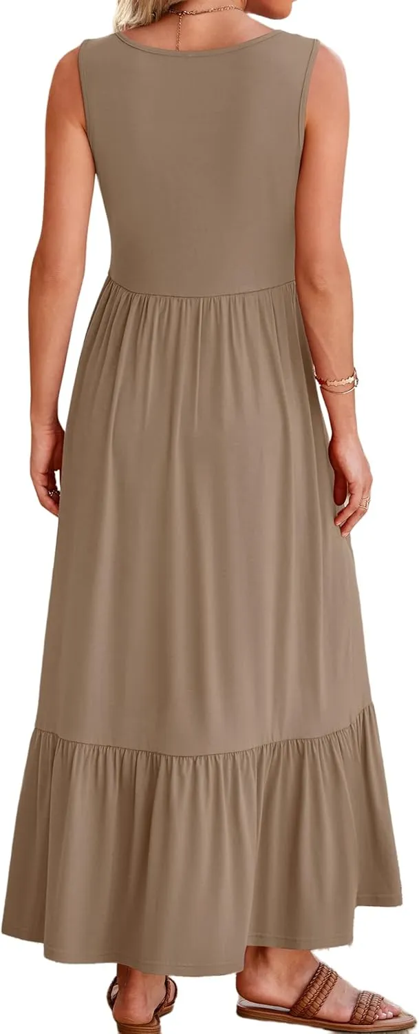 Women's Tank Dress Sleeveless Square Neck Tunic Dress Ruffle Tiered Maxi Dresses Summer Beach Vacation Sundress 2025