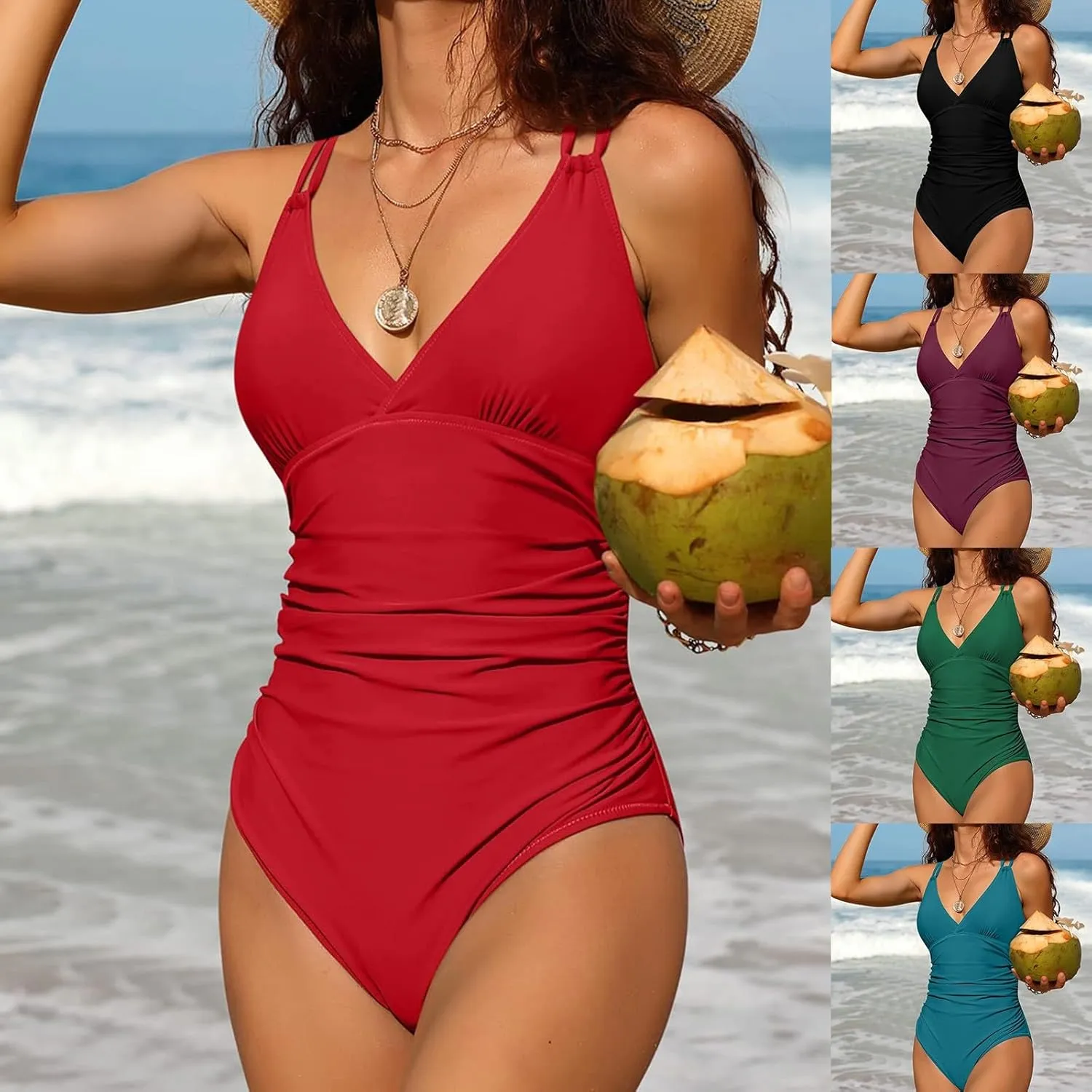 Women's Tummy Control Monokinis Swimsuits One Piece Neon Color Block Swimwear Deep V Neck Slimming Bathing Suit