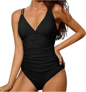 Women's Tummy Control Monokinis Swimsuits One Piece Neon Color Block Swimwear Deep V Neck Slimming Bathing Suit