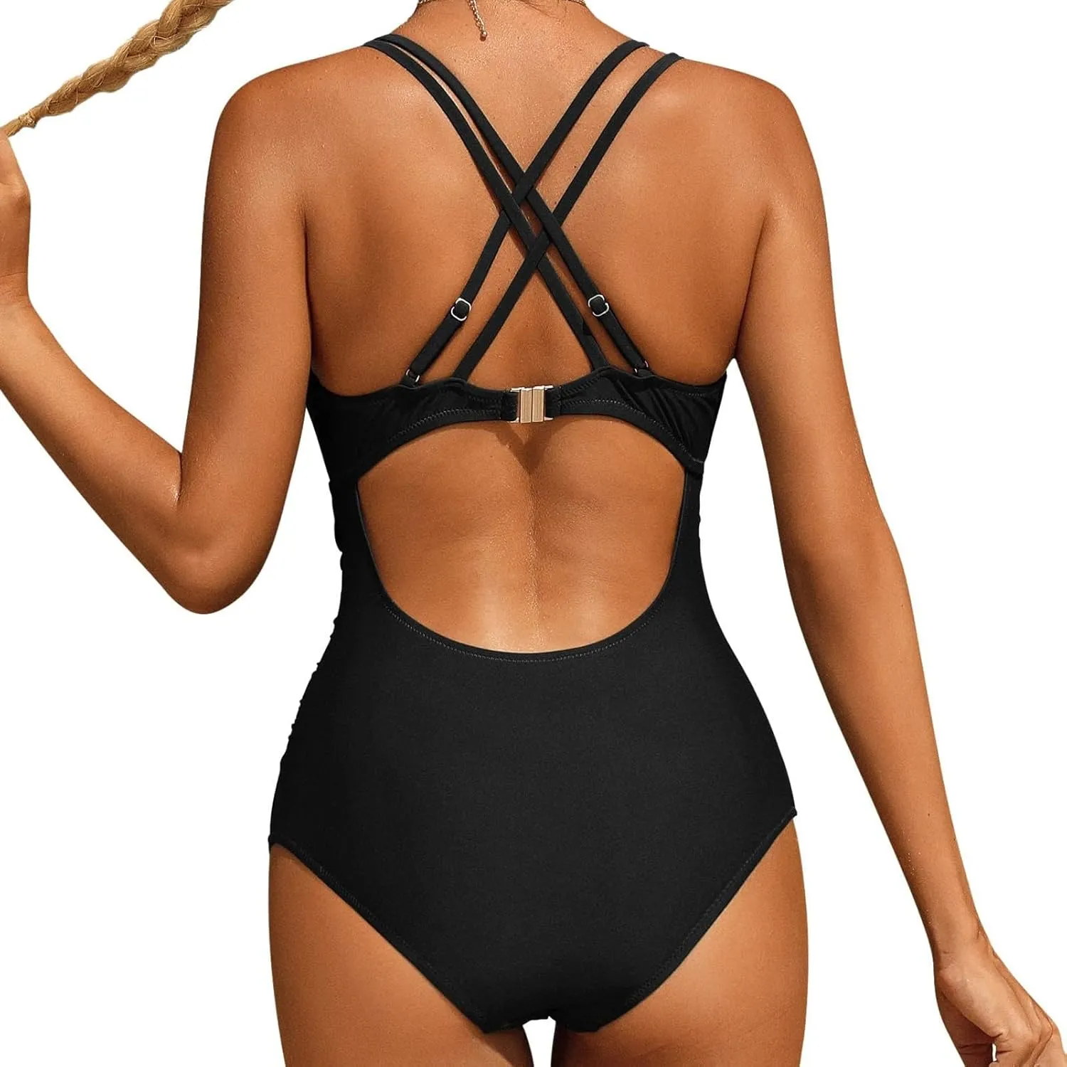 Women's Tummy Control Monokinis Swimsuits One Piece Neon Color Block Swimwear Deep V Neck Slimming Bathing Suit