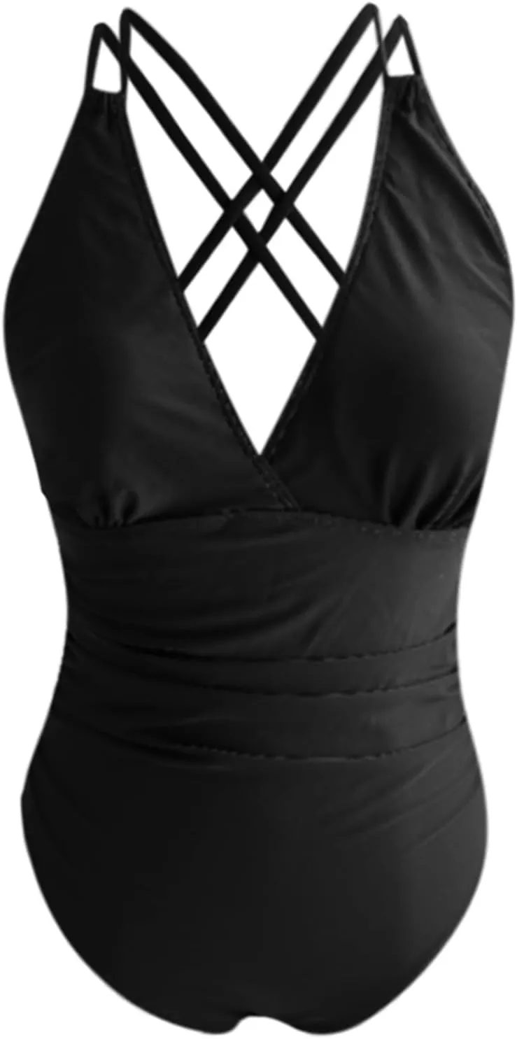 Women's Tummy Control Monokinis Swimsuits One Piece Neon Color Block Swimwear Deep V Neck Slimming Bathing Suit