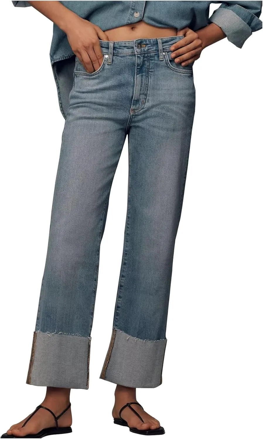 Women's Wide Cuff Jeans High Rise Straight Leg Cropped Jeans Casual Boyfriend Denim Pants