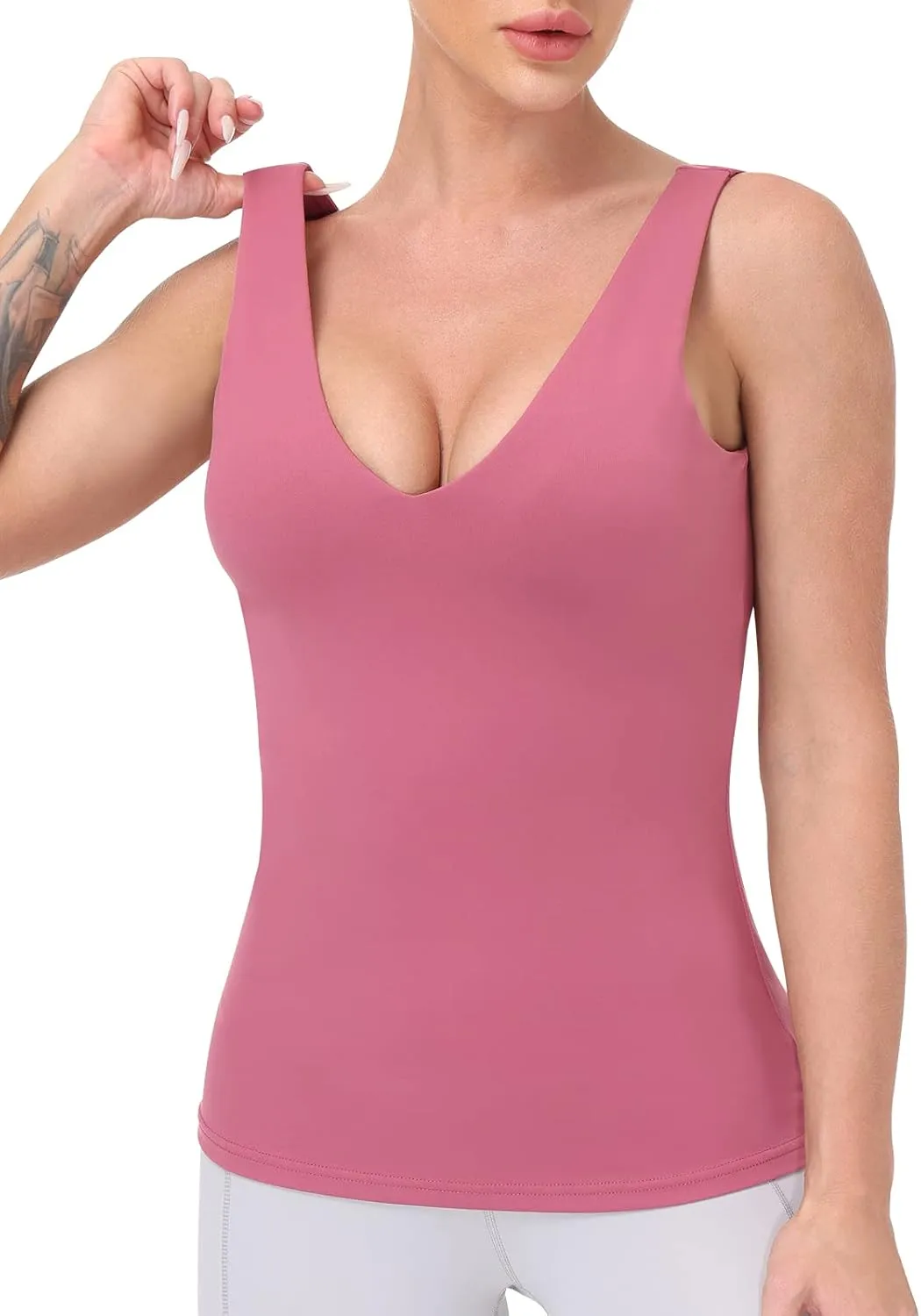 Workout Tops for Women Yoga Tank Tops with Built in Bra Wirefree Padded Yoga Bras Gym Running Athletic Shirt V-Neck Camisole
