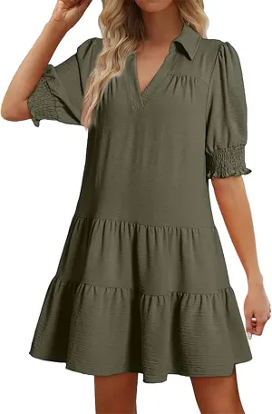 XOWRTE Womens Lapel V Neck Cute Shift Tierd Dress with Pockets Bell Sleeve Ruffle Hem Loose Swing Summer Tunic Mini Dress