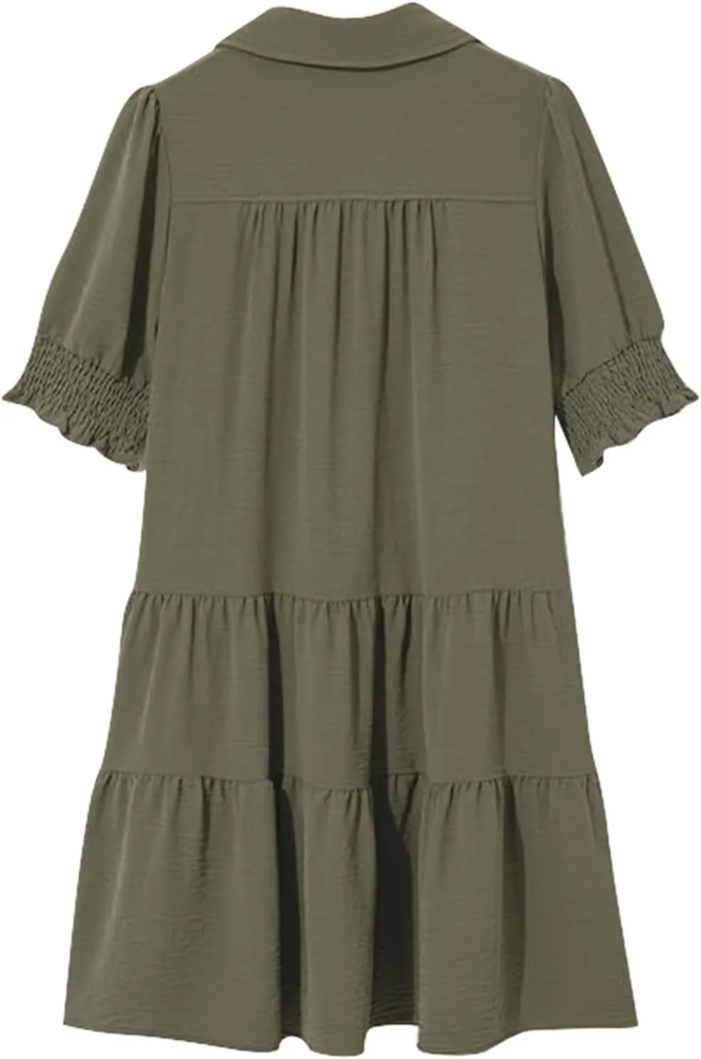 XOWRTE Womens Lapel V Neck Cute Shift Tierd Dress with Pockets Bell Sleeve Ruffle Hem Loose Swing Summer Tunic Mini Dress