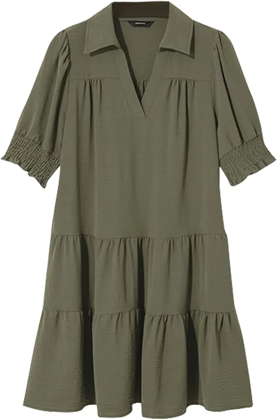 XOWRTE Womens Lapel V Neck Cute Shift Tierd Dress with Pockets Bell Sleeve Ruffle Hem Loose Swing Summer Tunic Mini Dress