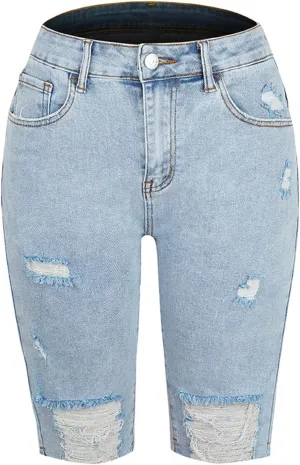 XUNRYAN Bermuda Shorts Women Summer Casual Lightweight High Waisted Jean Shorts Ripped Distressed Washed Bermuda Shorts