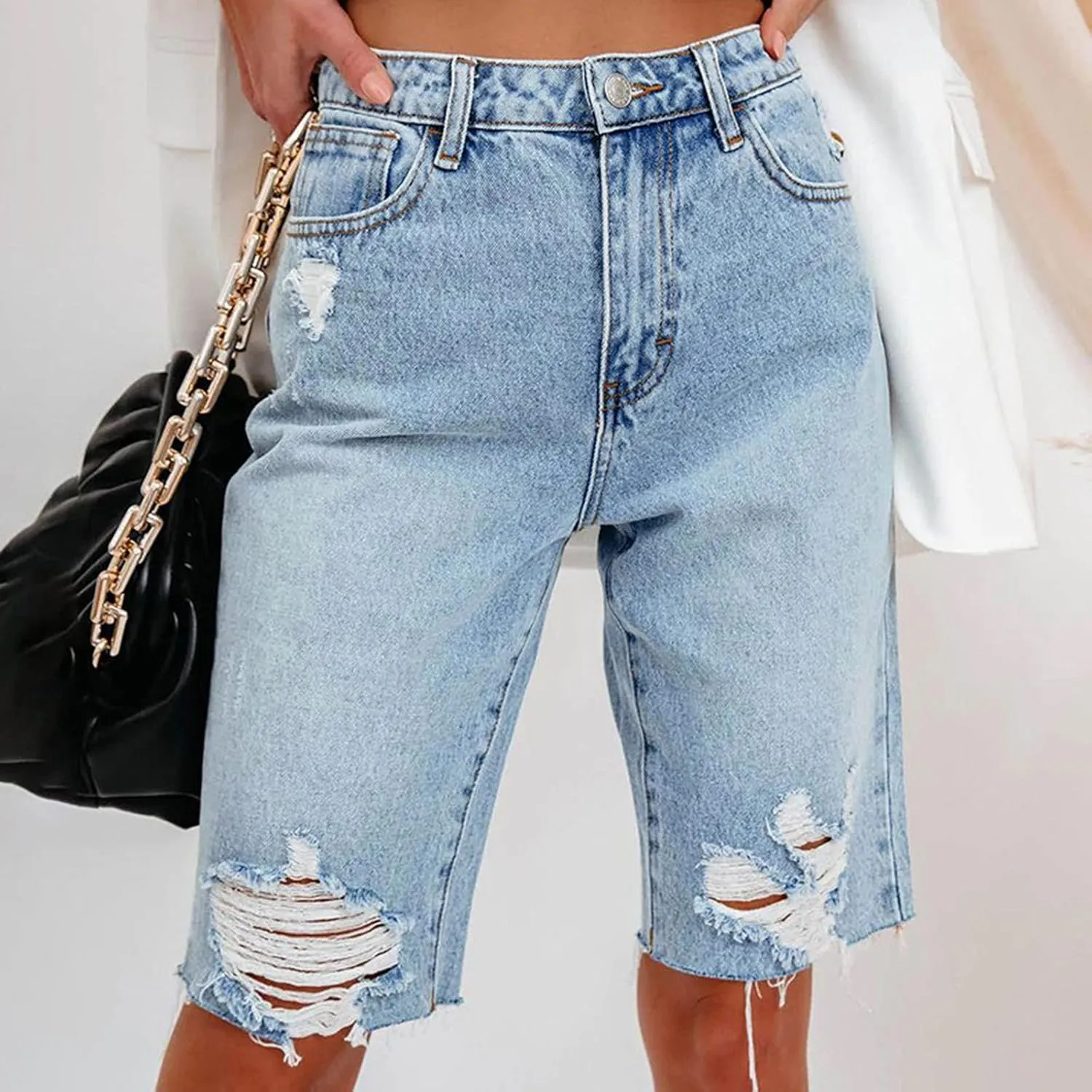XUNRYAN Bermuda Shorts Women Summer Casual Lightweight High Waisted Jean Shorts Ripped Distressed Washed Bermuda Shorts