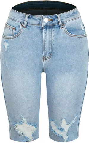 XUNRYAN Bermuda Shorts Women Summer Casual Lightweight High Waisted Jean Shorts Ripped Distressed Washed Bermuda Shorts