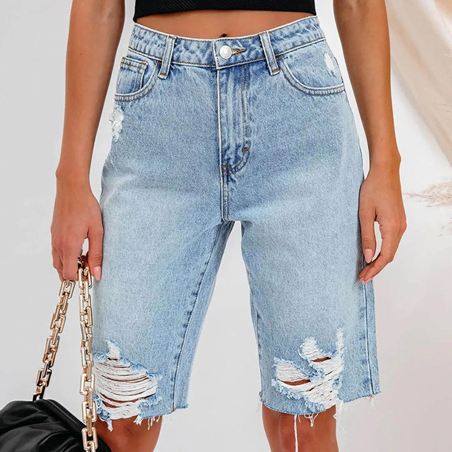 XUNRYAN Bermuda Shorts Women Summer Casual Lightweight High Waisted Jean Shorts Ripped Distressed Washed Bermuda Shorts