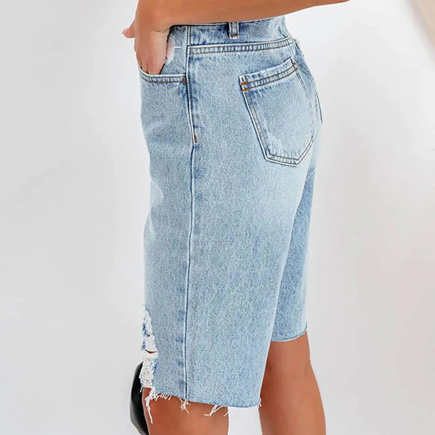 XUNRYAN Bermuda Shorts Women Summer Casual Lightweight High Waisted Jean Shorts Ripped Distressed Washed Bermuda Shorts