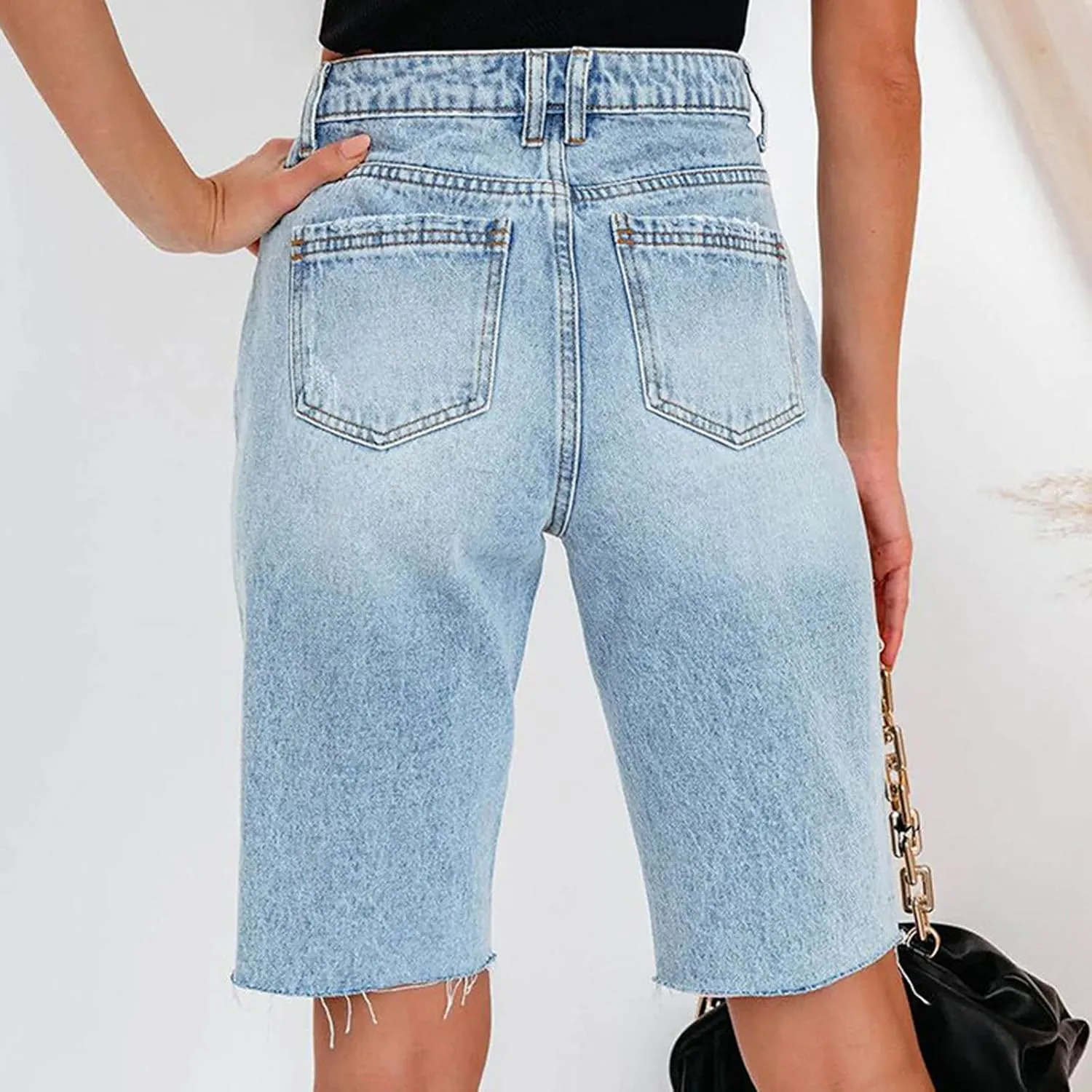 XUNRYAN Bermuda Shorts Women Summer Casual Lightweight High Waisted Jean Shorts Ripped Distressed Washed Bermuda Shorts