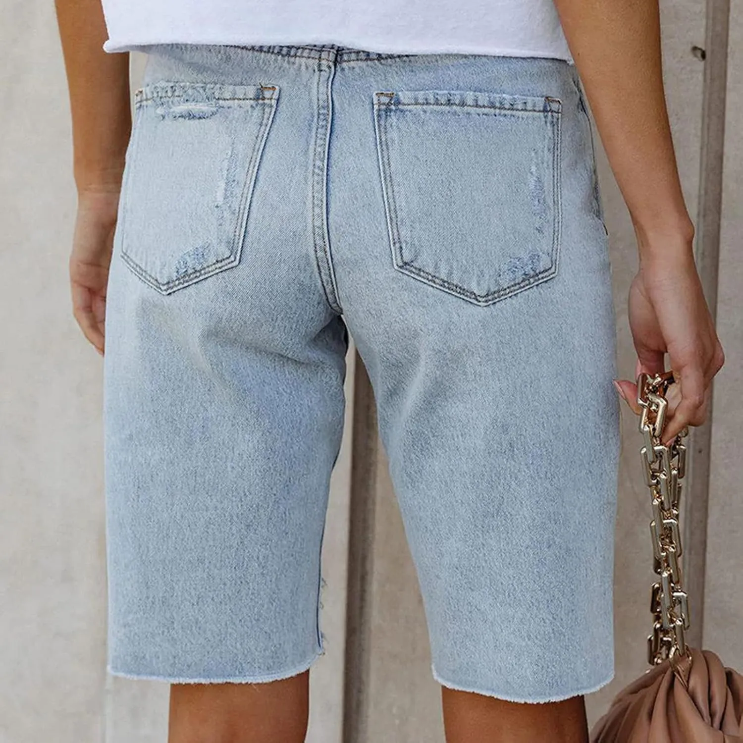 XUNRYAN Bermuda Shorts Women Summer Casual Lightweight High Waisted Jean Shorts Ripped Distressed Washed Bermuda Shorts