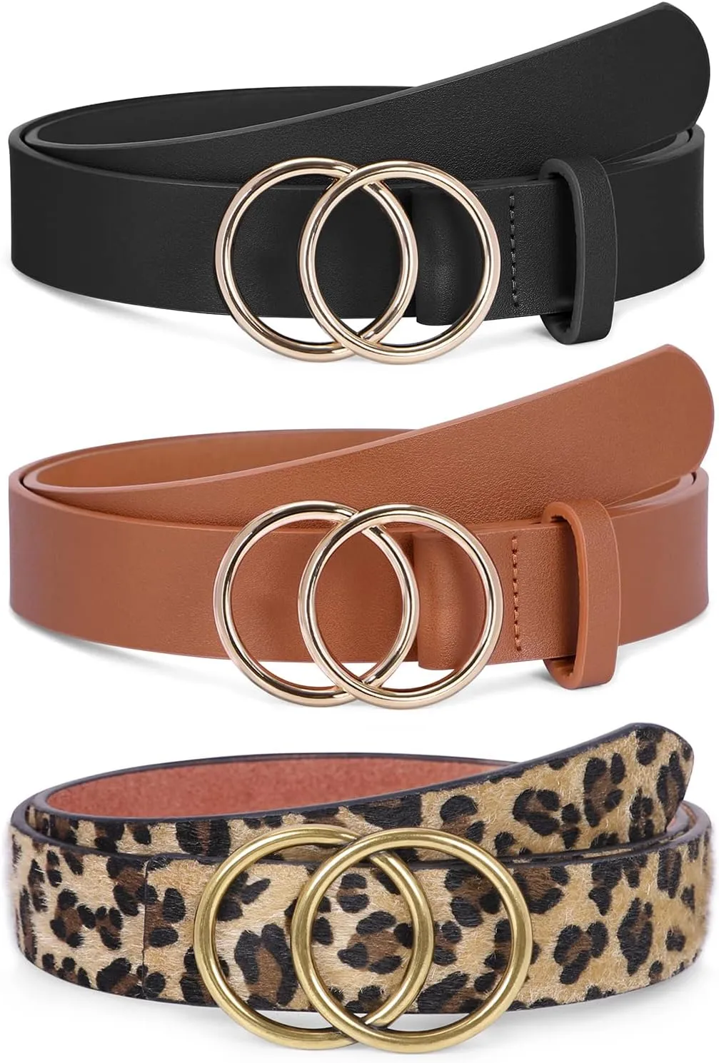 XZQTIVE 3 Pack Women's Leather Belts For Jeans Dresses Pants Fashion Ladies Waist Belt with Gold Buckle