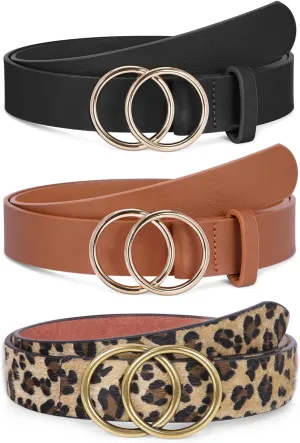 XZQTIVE 3 Pack Women's Leather Belts For Jeans Dresses Pants Fashion Ladies Waist Belt with Gold Buckle