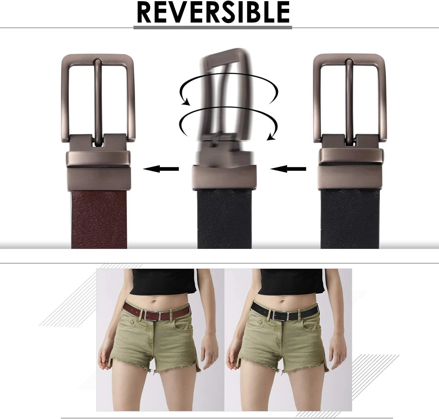 XZQTIVE Reversible Leather Belts for Women with Rotated Metal Buckle Fashion Women Belts