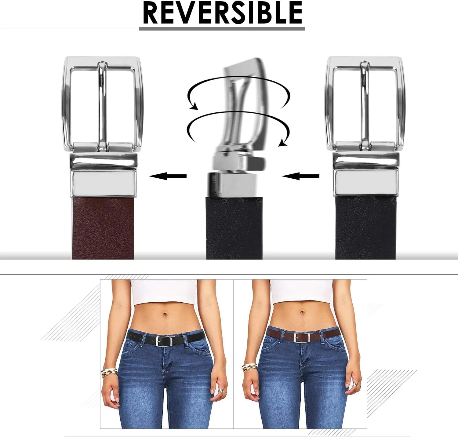XZQTIVE Reversible Leather Belts for Women with Rotated Metal Buckle Fashion Women Belts