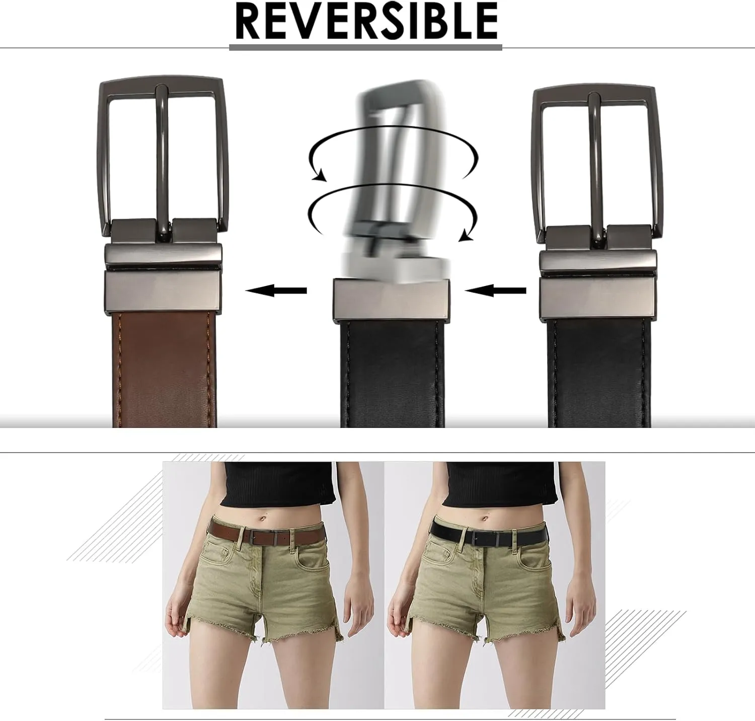 XZQTIVE Reversible Leather Belts for Women with Rotated Metal Buckle Fashion Women Belts