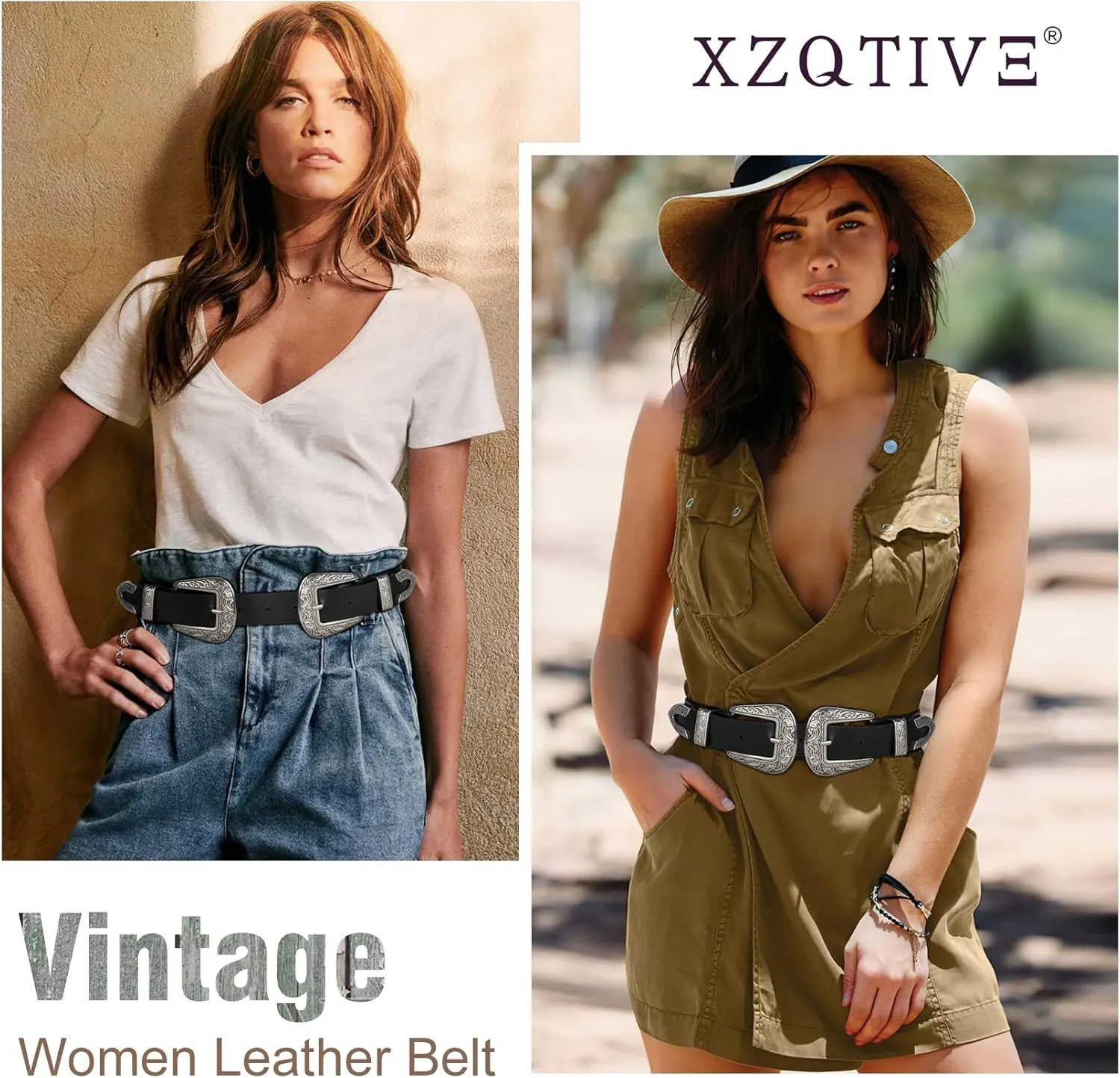 XZQTIVE Women Leather Belt Ladies Vintage Western Belt Retro Cowgirl Leather Belt Black Waist Belt for Pants Jeans Dresses