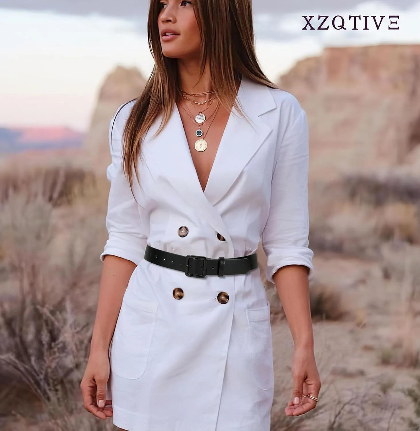 XZQTIVE Women’s Leather Belts for Jeans Pants Dresses Fashion Ladies Black Belt with Square Buckle