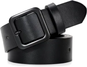 XZQTIVE Women’s Leather Belts for Jeans Pants Dresses Fashion Ladies Black Belt with Square Buckle