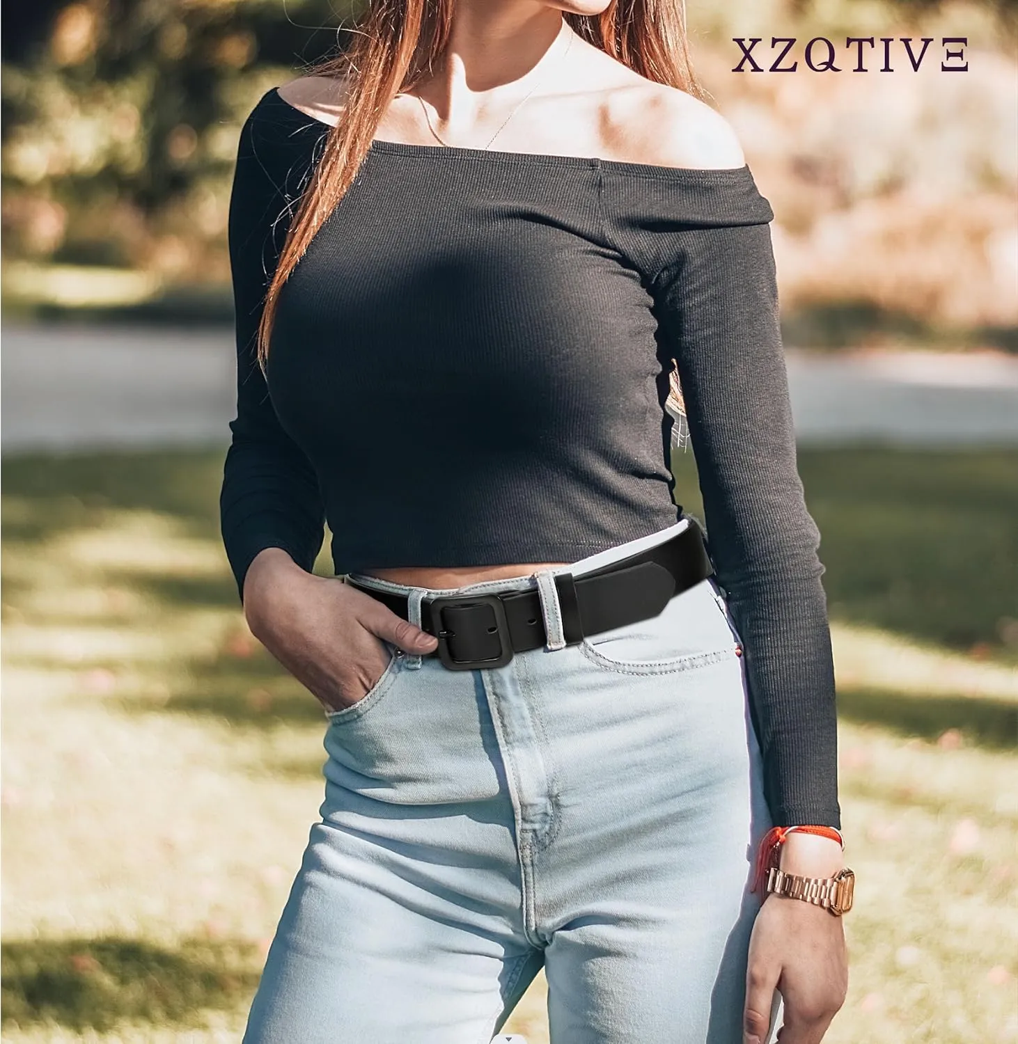 XZQTIVE Women’s Leather Belts for Jeans Pants Dresses Fashion Ladies Black Belt with Square Buckle