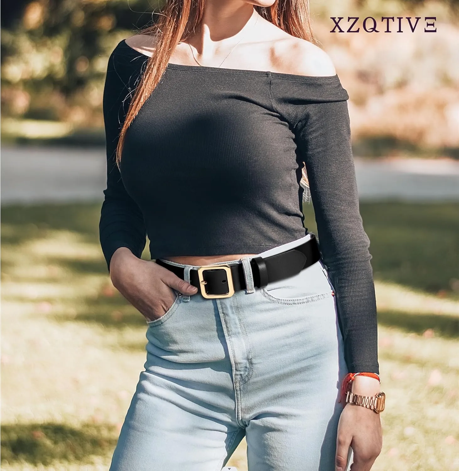 XZQTIVE Women’s Leather Belts for Jeans Pants Dresses Fashion Ladies Black Belt with Square Buckle