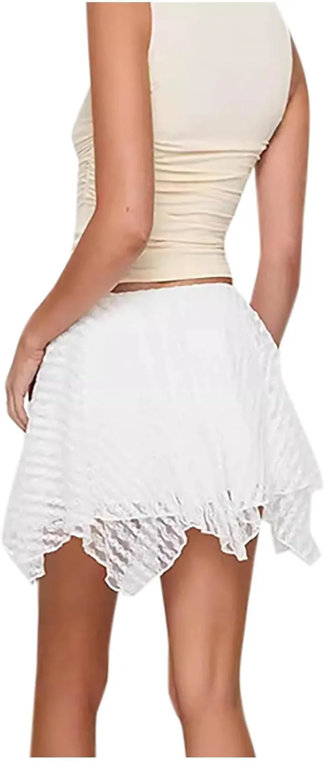 Y2k Half Slip Mini Skirts for Women Cute Ruffle Floral Lace Short Skirts Layered Pleated Flowy Skirt Streetwear
