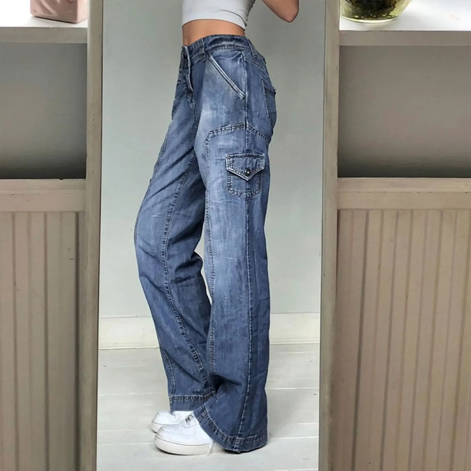 Y2k Pants Women Aesthetic Baggy Jeans Wide Leg Vintage Denim Pants E-Girl Aesthetic Cargo Jeans Streetwear