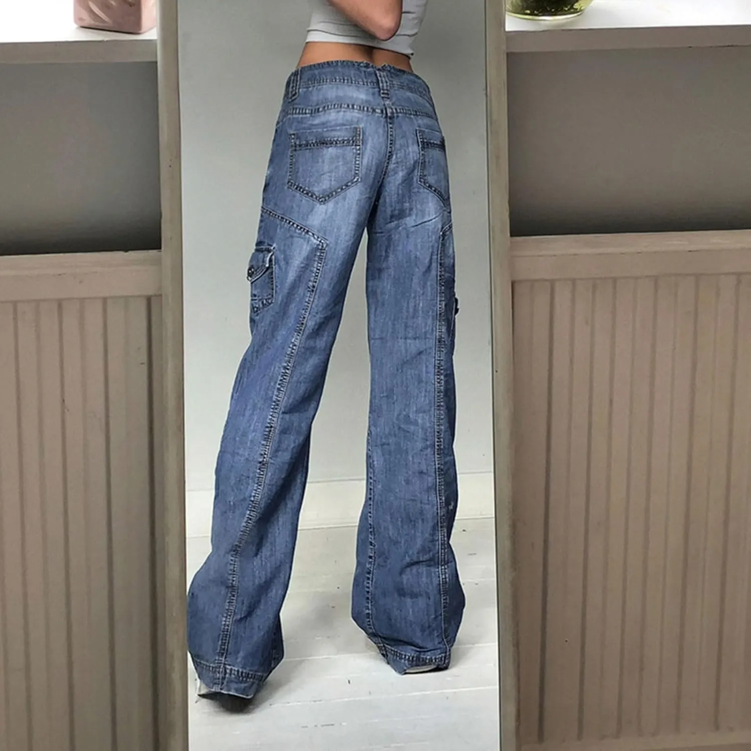 Y2k Pants Women Aesthetic Baggy Jeans Wide Leg Vintage Denim Pants E-Girl Aesthetic Cargo Jeans Streetwear