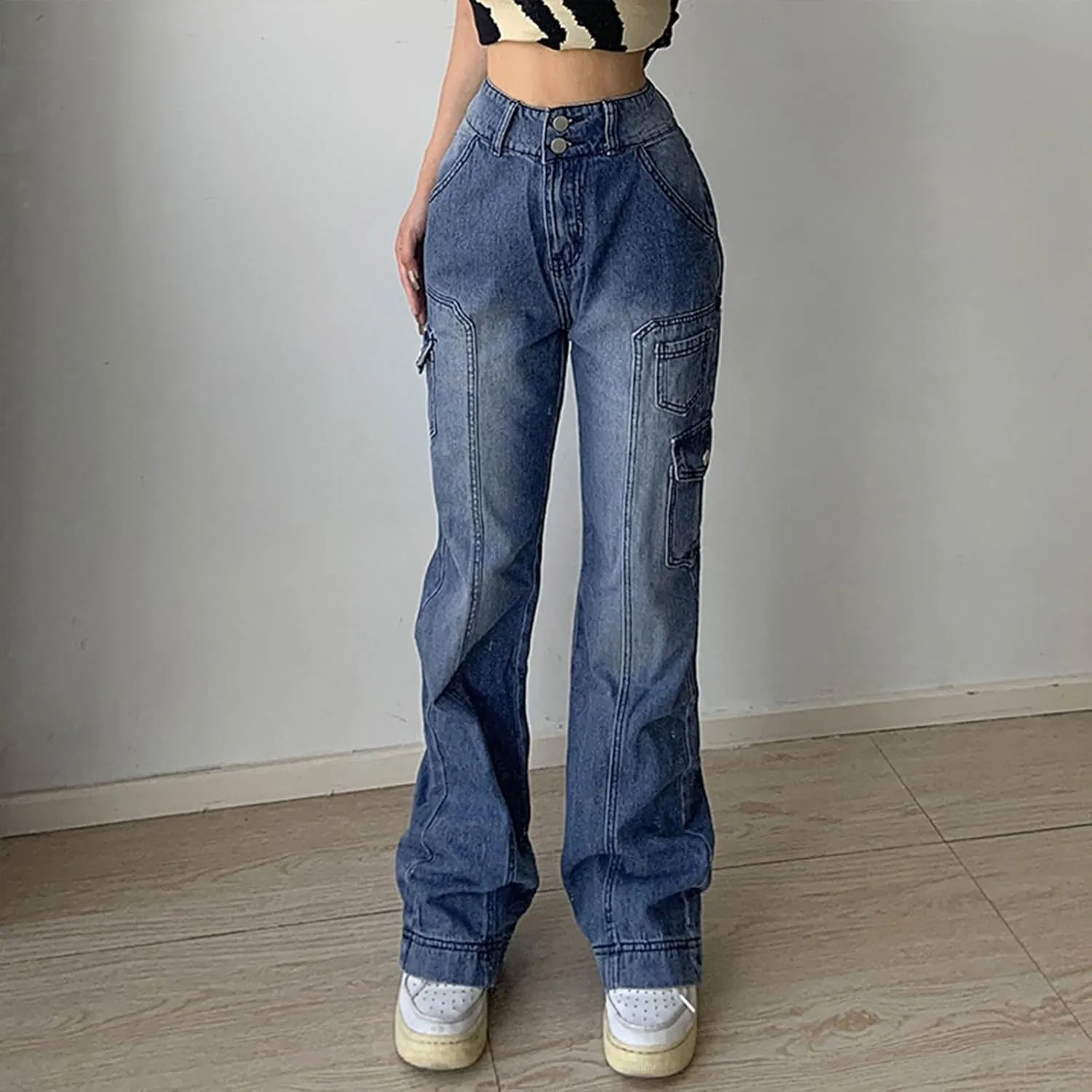 Y2k Pants Women Aesthetic Baggy Jeans Wide Leg Vintage Denim Pants E-Girl Aesthetic Cargo Jeans Streetwear