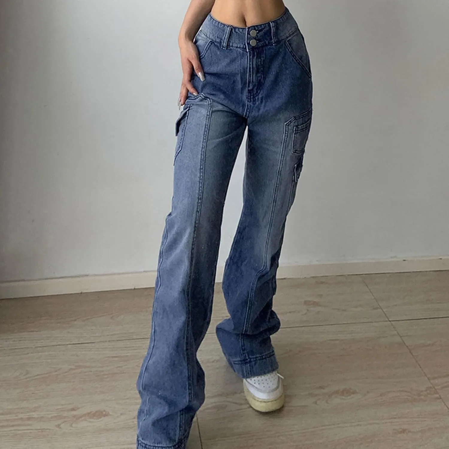 Y2k Pants Women Aesthetic Baggy Jeans Wide Leg Vintage Denim Pants E-Girl Aesthetic Cargo Jeans Streetwear