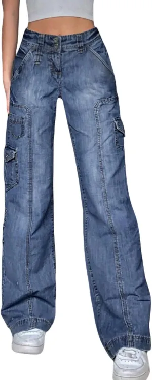 Y2k Pants Women Aesthetic Baggy Jeans Wide Leg Vintage Denim Pants E-Girl Aesthetic Cargo Jeans Streetwear