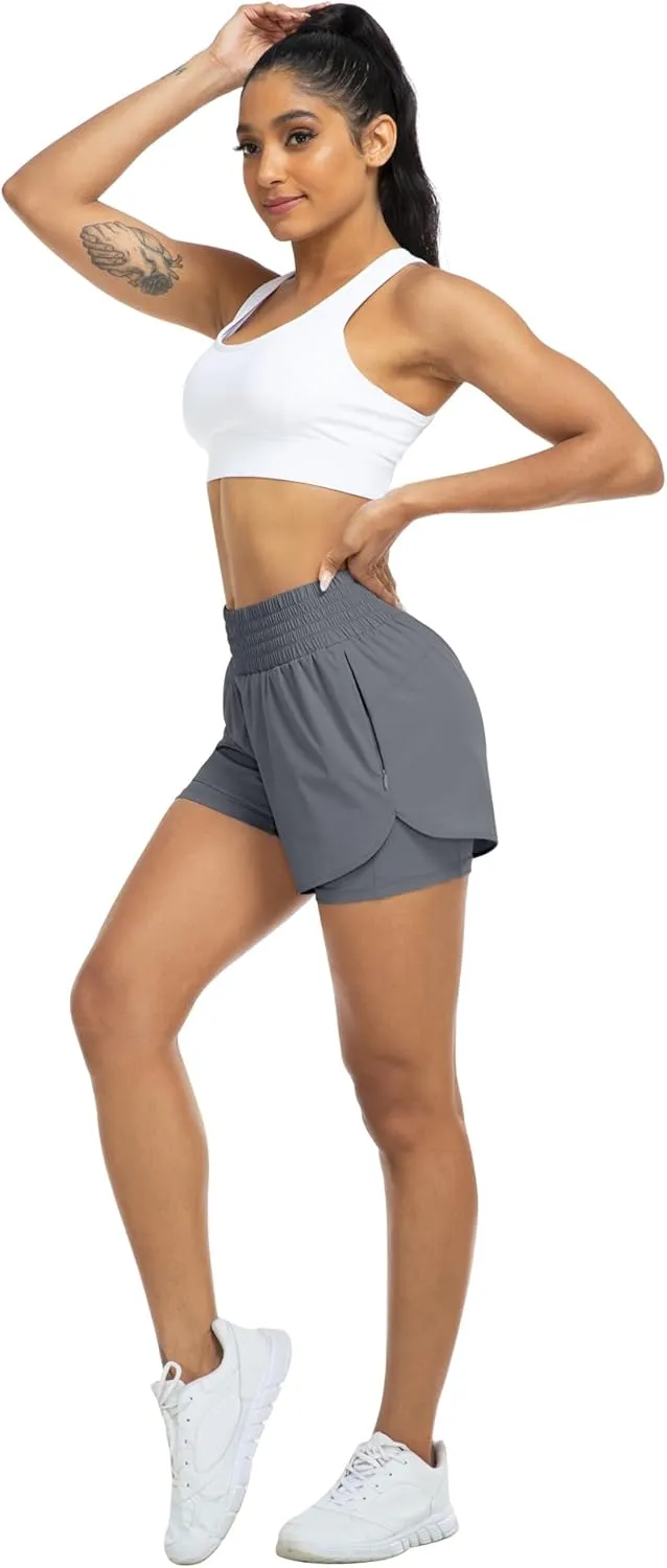 YEZII Womens High Waist Running Shorts Athletic Workout Quick Dry Shorts for Women with Pockets Gym Yoga White Summer Shorts